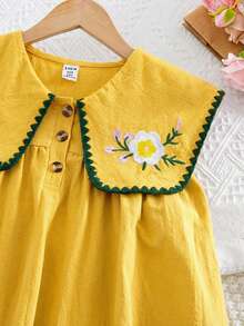 SHEIN Tween Girls/Tween Girl Girls Pastoral Floral Embroidered Pattern Ruffle Collar Puff Sleeve Dress,Versatile Round Neck Trim Contrast Color - Yellow - View 9