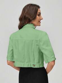 SHEIN EZwear 女士单排扣休闲百搭日常牛仔外套 - 綠色 - 查看 2
