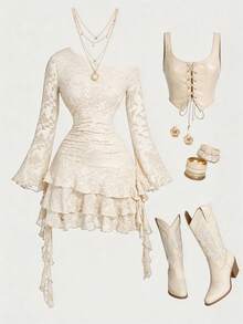 SHEIN MOD Vestido asimétrico con volantes para mujer de talla grande, ideal para Año Nuevo, Acción de Gracias y fiestas - Blanco - Ver 4
