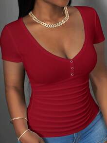 Slaydiva Plus Size Women's Solid Color V-Neck Short Sleeve Casual Ribbed T-Shirt - Red - View 1
