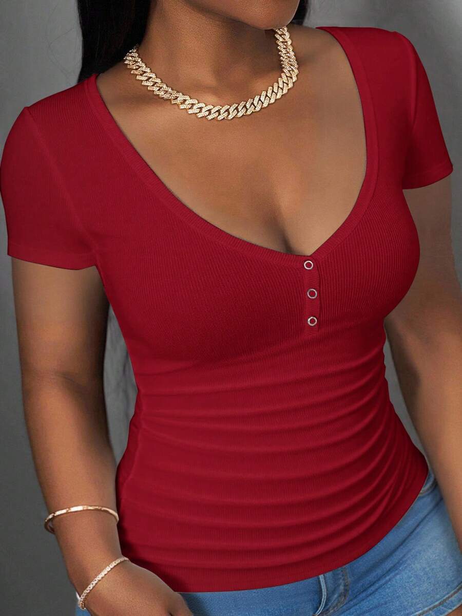 Slaydiva Plus Size Women's Solid Color V-Neck Short Sleeve Casual Ribbed T-Shirt - Red - View 1