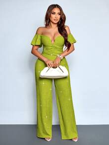 SOLERSUN Bộ jumpsuit thời trang thanh lịch dành cho nữ, cổ chữ V, trễ vai, tay bồng, chất liệu lấp lánh, thích hợp cho tiệc tùng, hộp đêm, câu lạc bộ đêm, ống rộng, dáng ôm sát, hẹn hò. - màu xanh lá - Xem 6