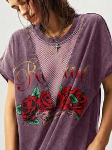 Bohemela Western Style Solid Color Pattern Knit Crew Neck Washed T-Shirt For Women, Summer - Purple - View 3