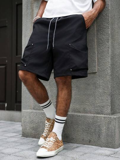 PAVTROS Men's Comfortable Drawstring Waist 5-Inch Shorts, Los Angeles Letter Design, Rivet Decor Large Pockets, Summer
