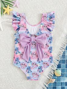 SHEIN 女童卡通图案圆领荷叶边连体泳衣 - 彩色 - 查看 2