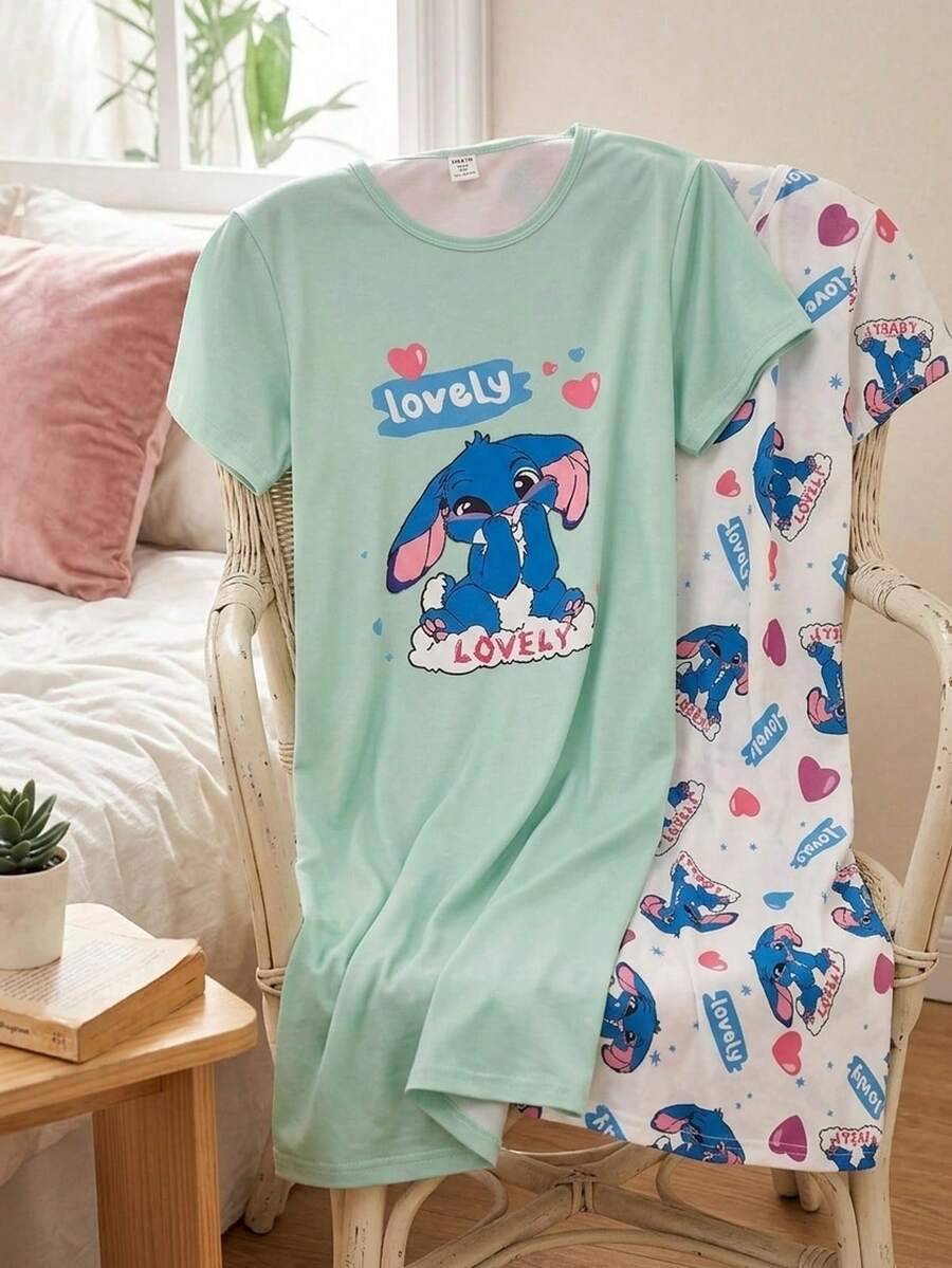 女童可爱绵羊图案舒适两件套圆领短袖长款睡衣家居服 - 綠色 - 查看 1
