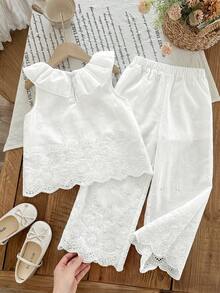 LMoss Kids LMoss  2pcs Young Girl Woven Solid Color Embroidered Ruffle Collar Camisole And Long Pants Set - White - View 2