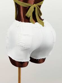 Mistrie Women's Pocket Distressed Frayed Hem Skinny Casual Denim Shorts - Blue - View 2