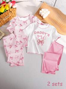 2 Sets Baby Girls' Cute Butterfly Print Contrast Color Ruffle Trim Round Neck Top And Pants 4-Piece Pajama Sets, Suitable For Spring, Summer And All Seasons - Multicolor - View 3