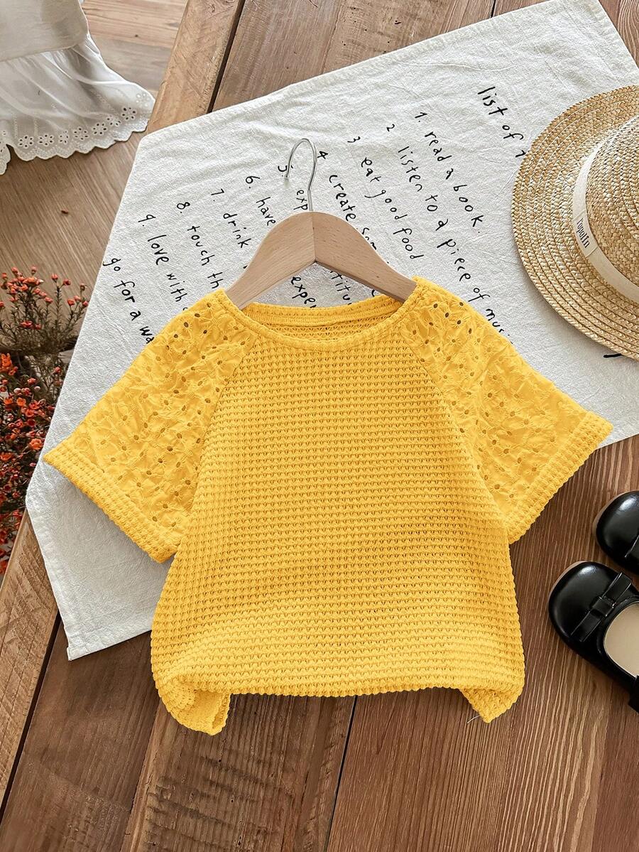 SHEIN LMoss Kids Young Girl Knit Patchwork Woven Hollow Out Raglan Sleeve Fitted T-Shirt - Yellow - View 1