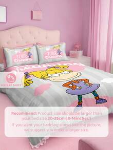 Nick 90s | SHEIN 3Pc Pink And Gray Cartoon Character Quilt Cover Set, Sanded Material, Soft And Warm, Multiple Sizes, Suitable For Single Bed/Double Bed/Queen Bed/King Bed - Baby Pink - View 4