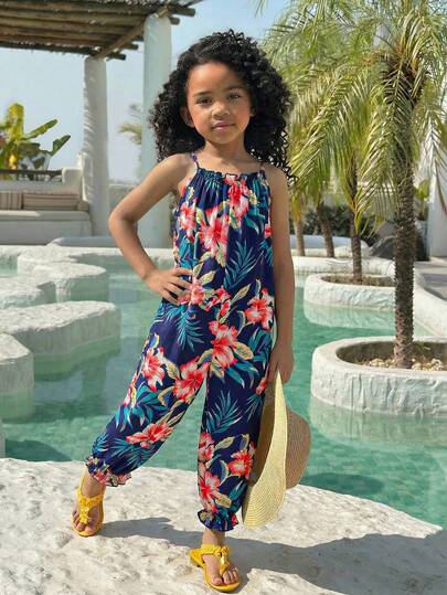 SHEIN Young Girl's Vacation Casual Fashionable Ditsy Floral Chiffon Jumpsuit