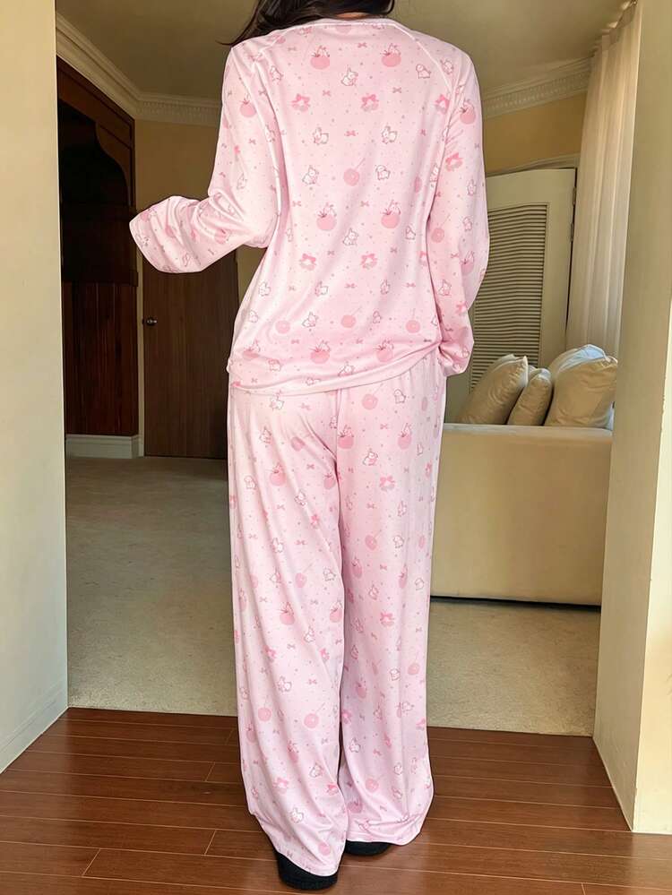 2pcs Cute Rabbit & Cherry Blossom Print Raglan Sleeve Loose Long Sleeve Pants Pajama Set For Women