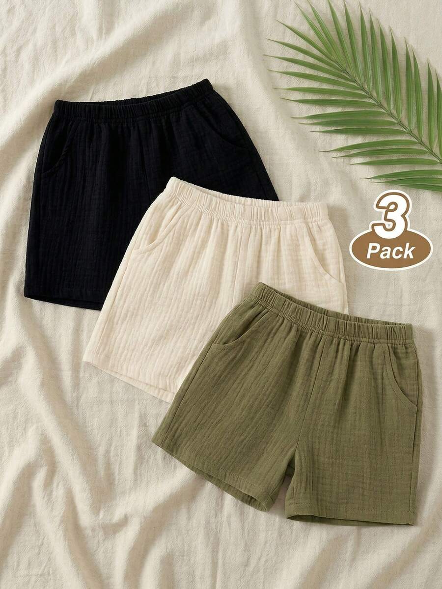 SHEIN Vintaside Kids 3pcs Baby Boy Solid Color Slant Pocket Elastic Waist Casual Shorts Set - Multicolor - View 1