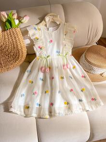 SHEIN 1件女童夏季新款欧根纱棒棒糖刺绣荷叶边拉链郁金香裙摆甜美可爱休闲公主裙 - 杏色 - 查看 1
