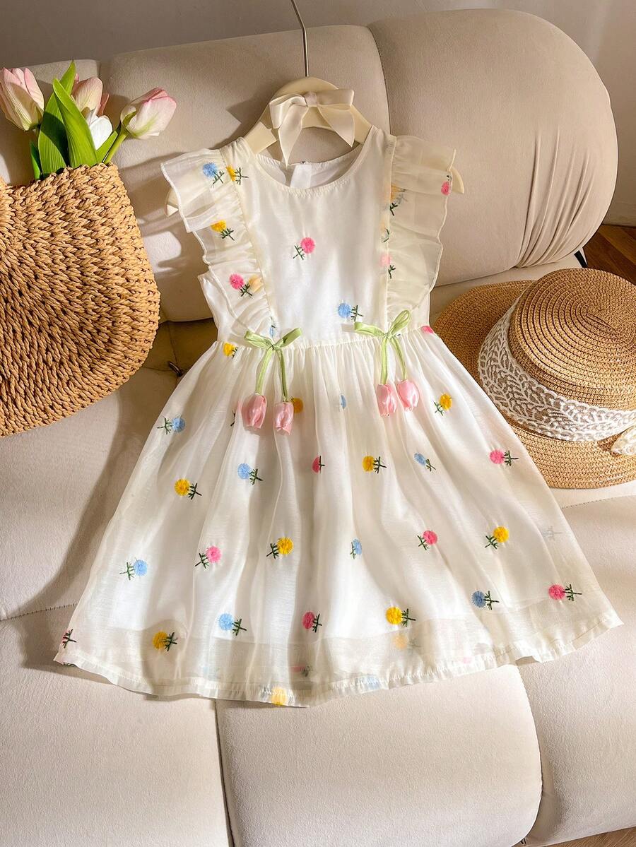 SHEIN 1件女童夏季新款欧根纱棒棒糖刺绣荷叶边拉链郁金香裙摆甜美可爱休闲公主裙 - 杏色 - 查看 1