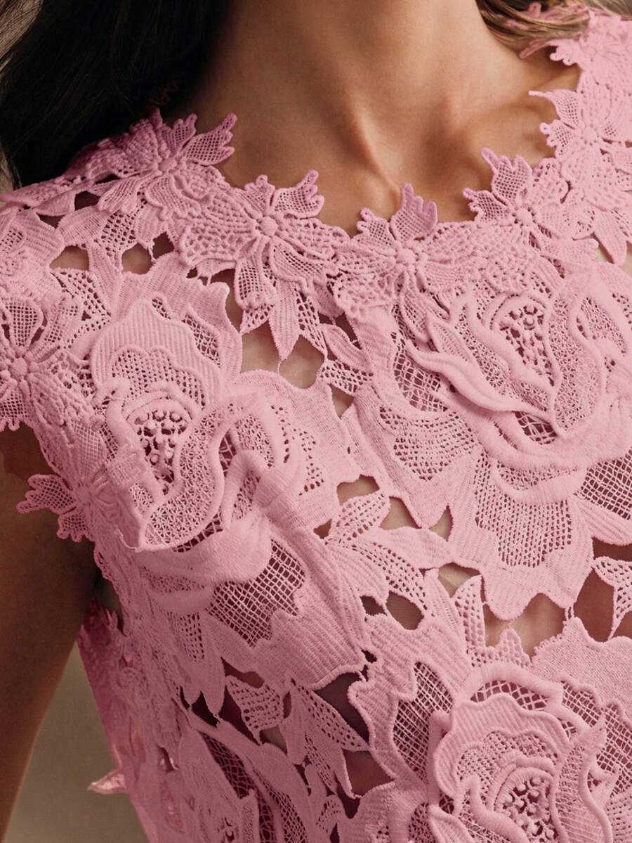 Anewsta Women's Elegant Romantic Pink Floral Lace Embroidered Sleeveless Top, Summer Casual Top Mother Of The Bride - Pink - View 1