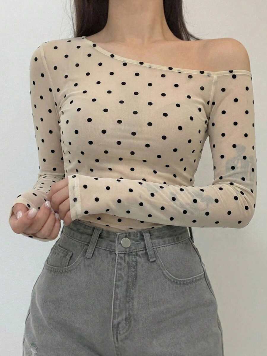 DAZY Women's Polka Dot Print Oblique Shoulder Long Sleeve Fitted T-Shirt Summer - Apricot - View 1