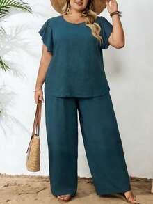 SHEIN CURVE+ 春夏女式卡其色荷叶边短袖衬衫+松紧腰阔腿裤两件套，优雅日常穿搭，适合大码身材，夏季女装 - 綠色 - 查看 5