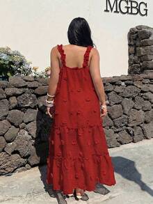 Sunnyshic Plus Size Square Neck Spaghetti Strap A-Line Dress, Vacation Style - Burgundy - View 2