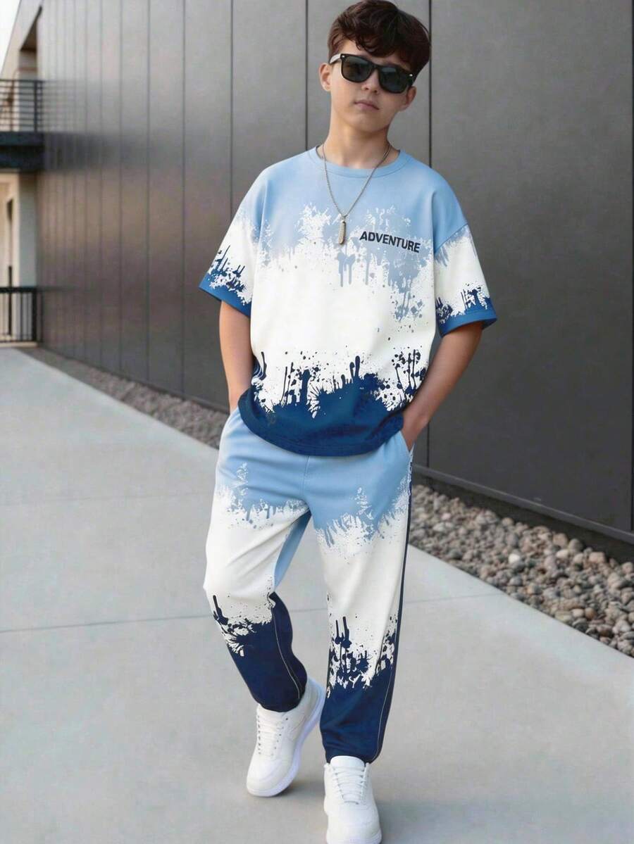 Vacaura 2pcs Tie-Dye Gradient Effect Short Sleeve T-Shirt And Pants Set For Teenage Boys, Suitable For Spring/Summer Outdoor Casual Wear - Blue - View 1