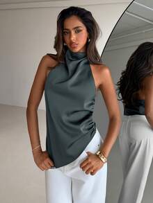Aloruh Nueva blusa elegante de color, sexy, con escote halter y espalda descubierta, ideal para fiestas, ir a la oficina o de vacaciones - Neblina azul - Ver 4