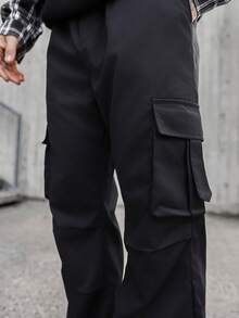 Artur Kramer Men Flap Pocket Side Drawstring Waist Oversize Cargo Pants Baggy Long Plain Black Going Out, Fall - Black - View 3