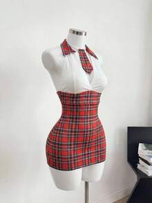 Fantasy Costume 2pcs American College Plaid Top, Skirt And Bow Tie Lingerie Set - Red and White - View 3