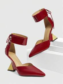 CUCCOO SZL 女士尖头系带时尚百搭不对称高跟鞋 - 紅色 - 查看 2