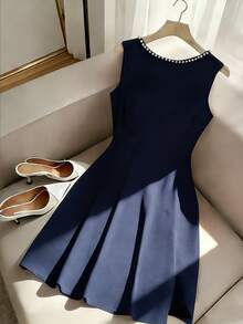 GlowEve Women's Red Backless Beaded Bow Decor Sleeveless Dress - Navy Blue - View 2