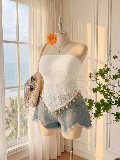 Comfortcana Áo croptop dáng rộng, bất đối xứng, có tua rua, gợi cảm, hở eo, phong cách thường ngày dành cho nữ, thích hợp đi nghỉ mát.