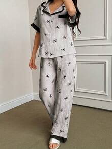 Napfluff Blue Striped Bow Print Patchwork Contrast Color Lapel Short Sleeve Pants Pajama Set For Women - Grey - View 6