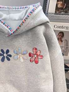SHEIN Áo nỉ dáng rộng, cỡ lớn, thêu họa tiết, có dây rút, thích hợp mặc mùa thu. - Xám - Xem 3