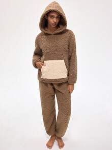 Rest Era Women's Casual Colorblock Kangaroo Pocket Teddy Fleece Hoodie And Drawstring Pants Fluffy Loungewear Set, Autumn/Winter - Khaki - View 5
