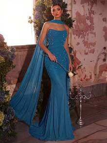 Glamrae Đầm cổ yếm xếp ly, co giãn, đính đá lấp lánh, sang trọng, phù hợp cho đám cưới, tiệc tùng, kỳ nghỉ, dạ hội. - Màu xanh bụi bặm - Xem 6