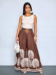 Sexy And Elegant Ladies, Old Money Style, Casual Seaside Vacation, Spring And Summer Pants, Vacation Print+Brown Boho Pants For Women Women Vacation Outfit Sets Wide Leg Pants Women High Waist Hippie Boho Women 2 Piece Outfit Casual Women Wide Leg Pants Summer Outfits For Women Pants Long Wide Leg Pants Patterned Wide Leg Pants Wide Leg Pants Woman High Waist - Brown - View 4