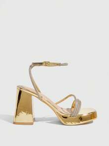 CUCCOO SZL Women's Square Toe Rhinestone Ankle Strap Sandals For Christmas Prom Heels Summer Shoes - Gold - View 2