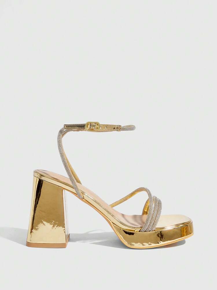 CUCCOO SZL Women's Square Toe Rhinestone Ankle Strap Sandals For Christmas Prom Heels