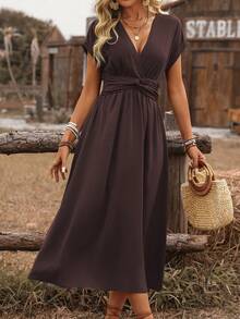 Wandoria Vestido midi casual para mujer con cintura fruncida, nudo en la espalda, hombros caídos y corte en A, estilo bohemio para vacaciones de primavera/verano - Marrón Chocolate - Ver 4