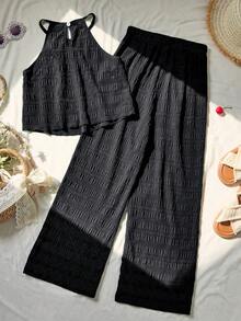 Sparklyn 2pcs/Set Tween Girls Black Summer Casual Vacation Holiday Fashionable Versatile Camisole Top,Wide Leg Pants,Backless Button Design,Woven Fabric Outfit - Black - View 2
