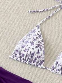 Swim Mod Bộ bikini gợi cảm mùa hè dành cho nữ, họa tiết hoa nhí, kiểu buộc dây cổ, kèm áo khoác ngoài và váy. - Màu tím - Xem 5