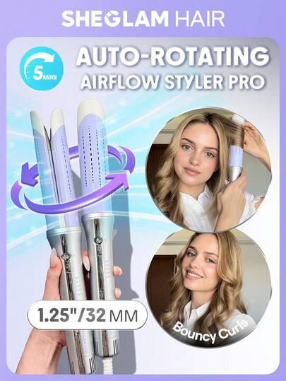 SHEGLAM HAIR One Touch Airflow Styler Pro-32mm Silver-Purple,Cool Air Auto-Rotating Curling Iron,5 Min Quick Styling,360° Cooling Airflow One Touch Operation Long-Lasting Results,5 Temps & Anti-Scald,Auto Off Dual Voltage For Medium-Length Hair & Long Hair & All Hair Types- UK Plug Birthday Gift Holiday Pink Vibe Makeup Travel School Festivals Rose Present Girl Charm Hair Care Mother's Day Fancy Fashion Rave Party