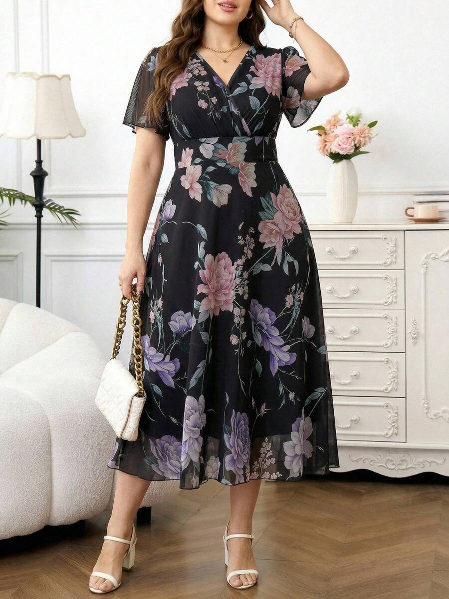 Reflora 大码女式夏季连衣裙，优雅印花短袖中长连衣裙，收腰设计，网纱印花，弹力舒适，飘逸灵动。