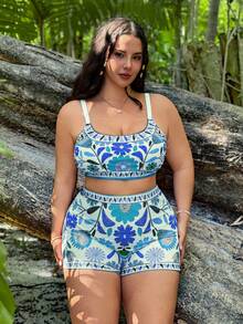 Swim Vcay 3件套加大码女士印花吊带背心泳衣套装，休闲夏季沙滩装 - 彩色 - 查看 3