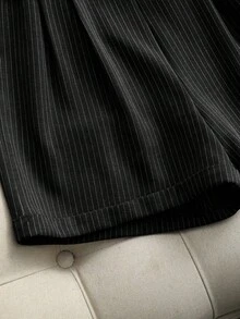 Franclia Quần short kẻ sọc dọc màu xám, quần ống rộng, quần Bermuda, đa năng, thanh lịch, thích hợp cho đi làm, có thắt lưng trang trí, màu thu/đông. - màu đen - Xem 5