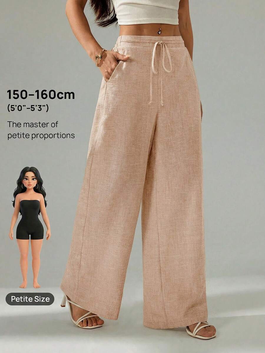 SHEIN PETITE Quần nữ bằng vải lanh trơn màu, ống rộng, có túi, kiểu dáng công sở, phong cách cổ điển, quần ống rộng, trang phục mùa hè cho nữ, đồ đi biển, trang phục đi nghỉ mát, quần nữ. - Màu Khaki - Xem 1