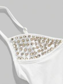 ROMWE Grunge Punk Spring/Summer Plus Size Women Sexy Dark PUNK Rivet Patchwork Top  Valentine's Day - White - View 3