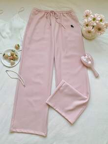 Comfortcana Women's Spring/Summer Functional Fabric UV Protection Pink Embroidered Long Pants, Suitable For Beach Vacation/Casual Home/Daily Commute/Comfortable Outfit/Collegiate Style - Pink - View 3
