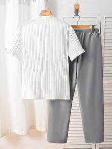 Set de 2 camisas de tela texturizada informal para niños adolescentes, diseño con ribete de bolsillo de color contrastante, cómodo y de moda para uso diario, ir al trabajo, viajar - Gris - Ver 2