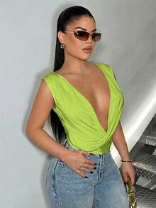 SHEIN SXY Neongrön sexig blus med urringning för kvinnor - Grön - Visa 6